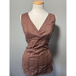 Y2K Cottage Core Boho Chic Small Brown Embroidered‎ V-Neck Sleeveless Top EUC